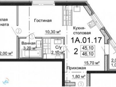 2-комнатная квартира в ЖК Стрелки, 47 м2, 20/25 эт.