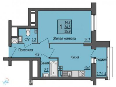 1-комнатная квартира в ЖК На Родонитовой, 36 м2, 9/14 эт.