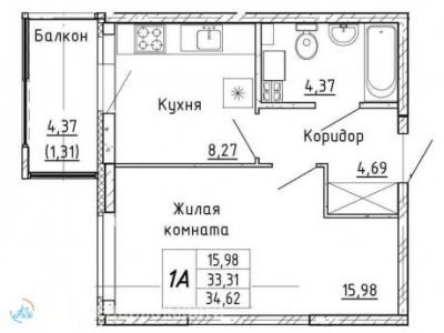 1-кв. ЖК Рифей, 35 м2, 4/9 эт. 1-кв. ЖК Рифей, 35 м2, 4/9 эт.